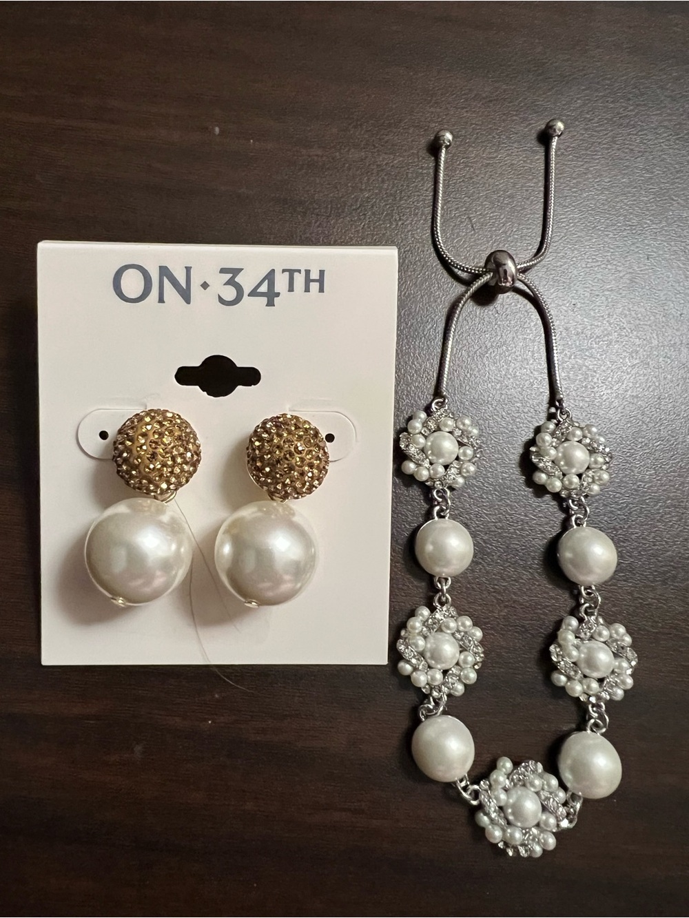 Gold and White Pearl Drop Earrings & Bracelet Set